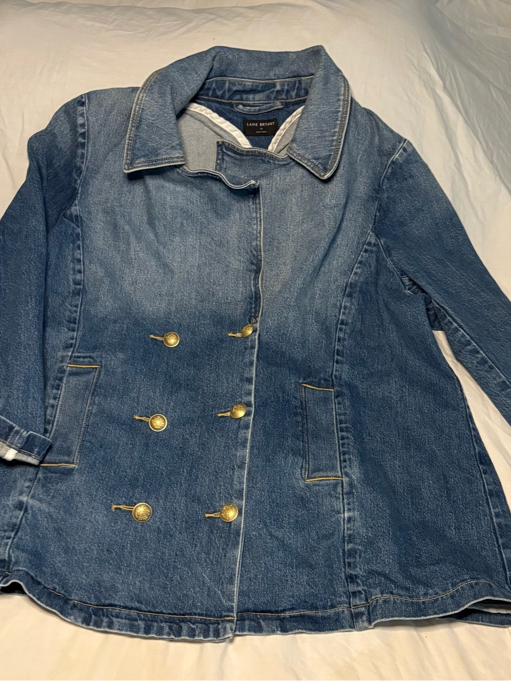 Lane Bryant Medium Blue Denim Pea Coat with Gold Buttons